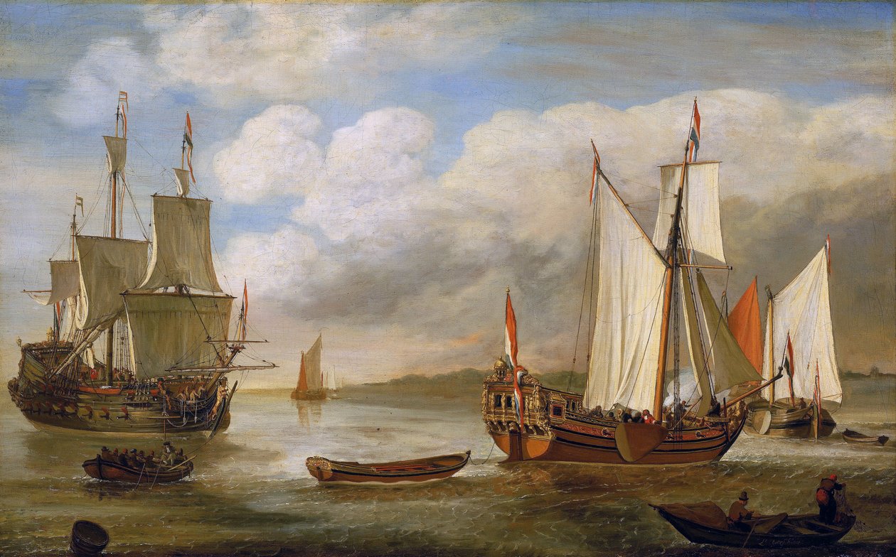 Forskellige hollandske både: sejlbåde, skibe og pramme. Olie på lærred af Lieve Pietersz Verschuier (1630-1686). af Lieve Verschuier