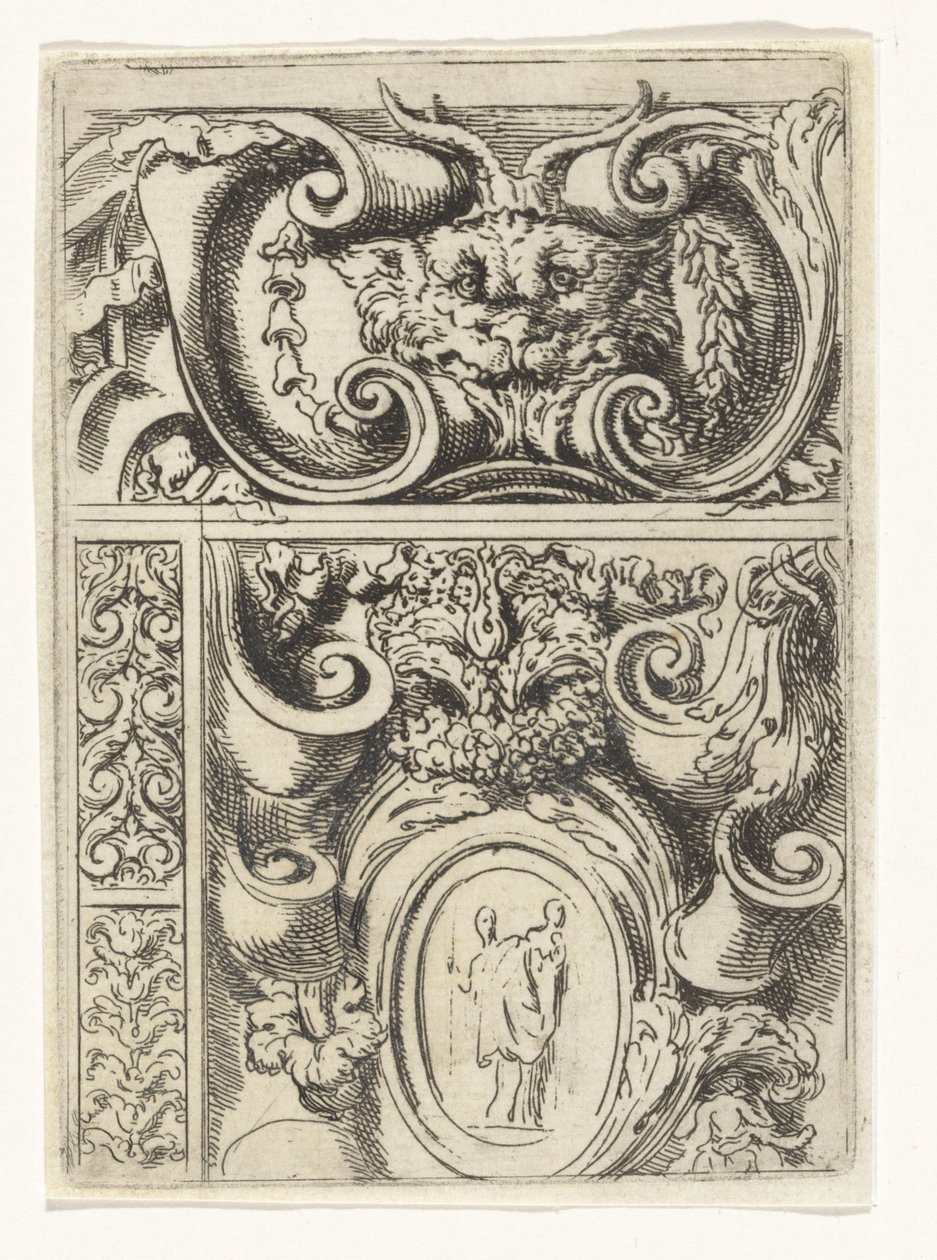 Cartouche med dyrehoved og under en cartouche med Madonna med barn Divertimenti di Livio Meus (serietitel) af Lieven Mehus