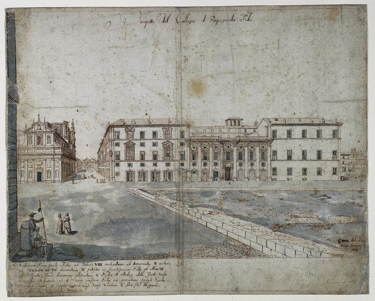 Atten udsigter over Rom: Collegio di Propaganda Fide (recto) af Lievin Cruyl