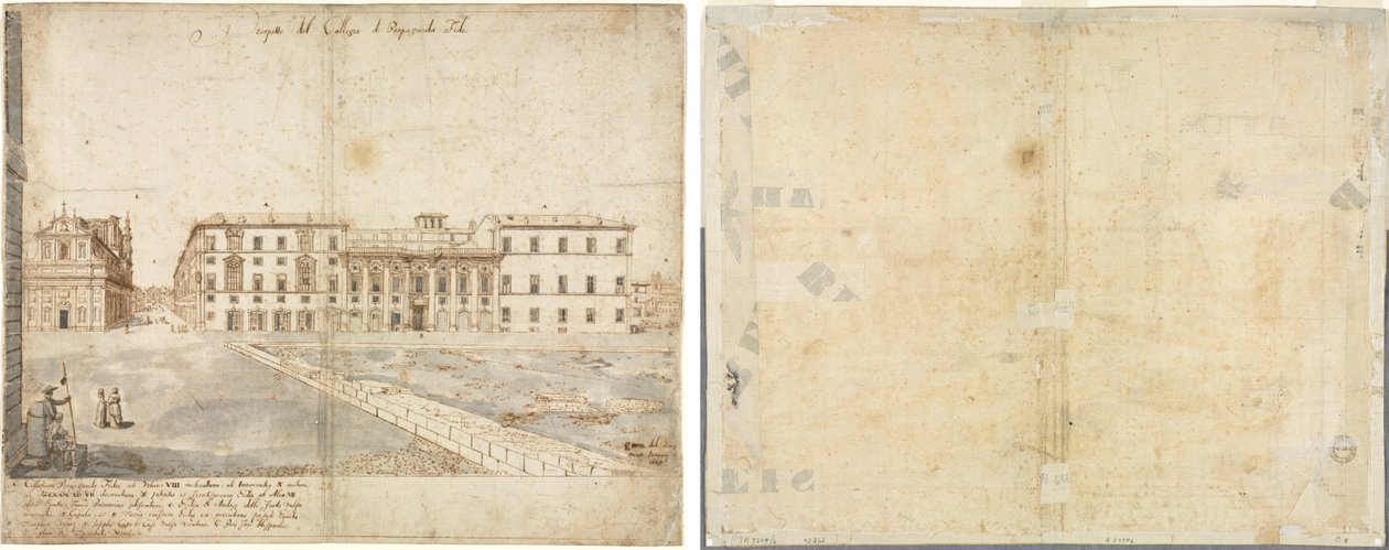 Atten udsigter over Rom: Collegio di Propaganda Fide (recto); Skitser af vinduer og pilastre på loftet i Collegio di Propaganda Fide (verso) af Lievin Cruyl