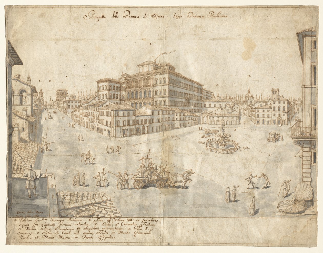 Atten udsigter over Rom: Piazza Barberini (recto) af Lievin Cruyl