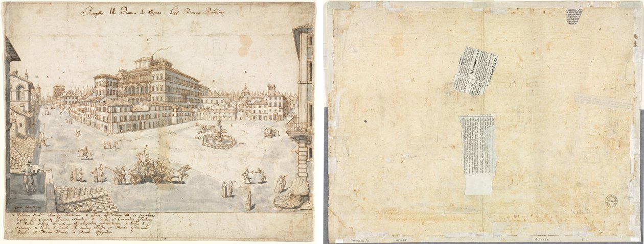 Atten udsigter over Rom: Piazza Barberini (recto); Sporing af en springvand fra Recto og skitser af to ansigter (verso) af Lievin Cruyl