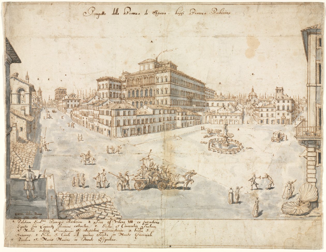 Atten udsigter over Rom: Piazza Barberini recto..., 1665. af Lievin Cruyl