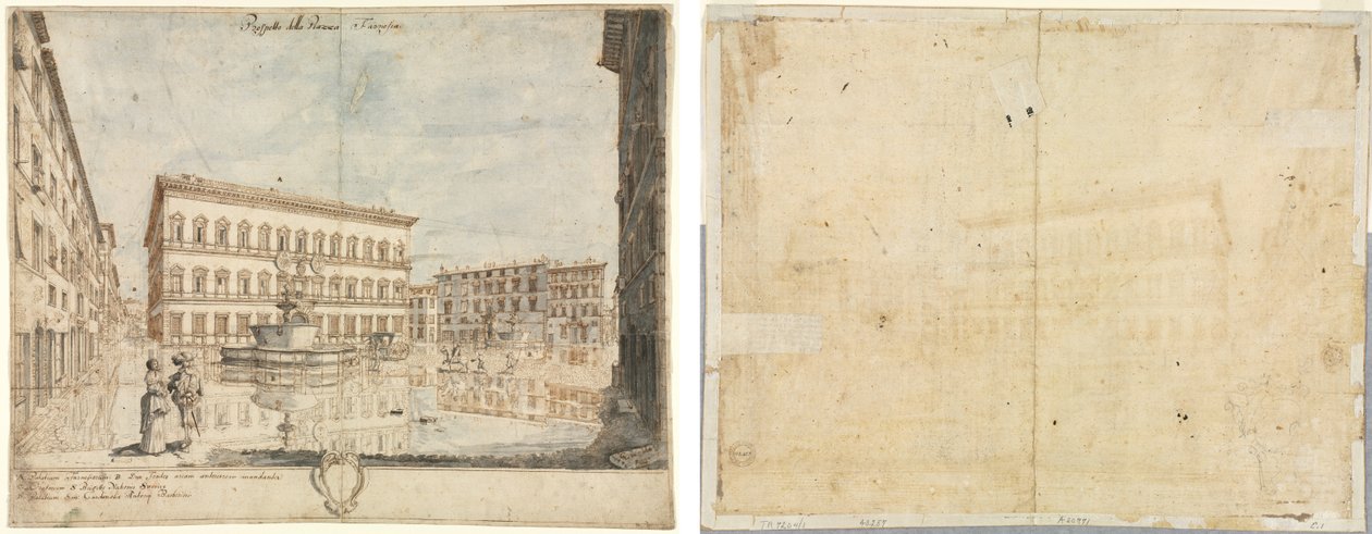 Atten udsigter over Rom: Piazza Farnese (recto); Cartouche (omvendt) af Lievin Cruyl