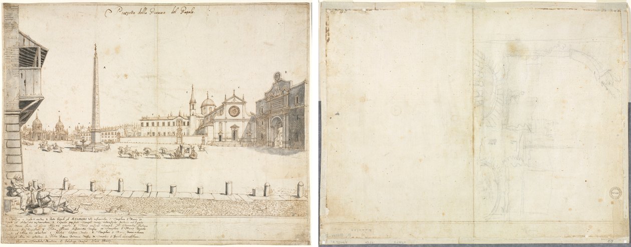 Atten udsigter over Rom: Piazza del Popolo (recto); Skitse til San Giovanni in Laterano (verso) af Lievin Cruyl