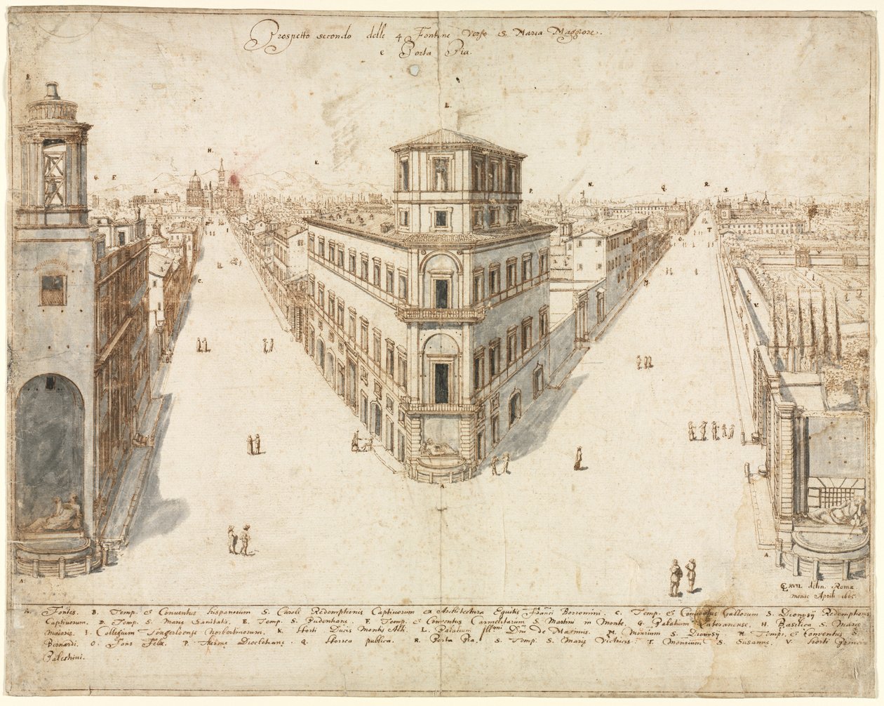 Atten udsigter over Rom: Quattro Fontane ser mod Santa Maria Maggiore, 1665. af Lievin Cruyl