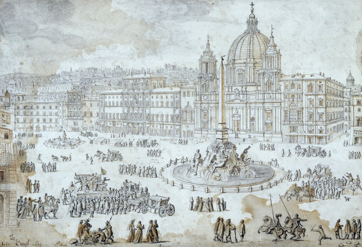 Piazza Navona i Rom, af Lievin Cruyl (1640-1720), Italien af Lievin Cruyl