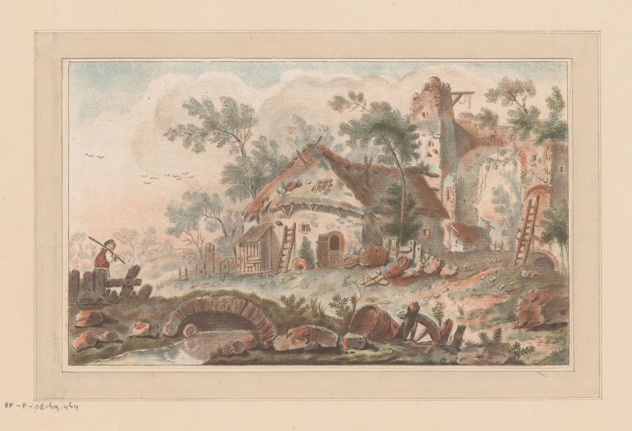 Hus foran en faldefærdig byport, med en mand på en bro i forgrunden af Liger (attributed to)