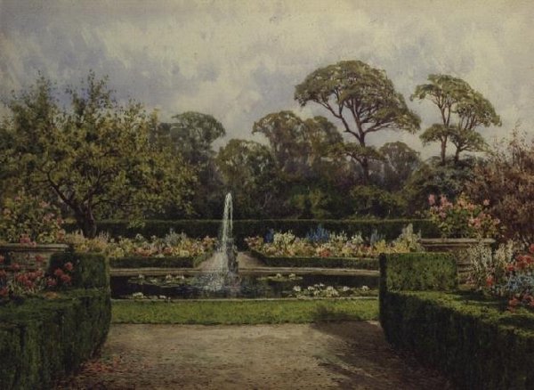Lily Pond Garden med en cirkulær dam og en Cherub Fountain (akvarel og gouache) af Lilian Stannard