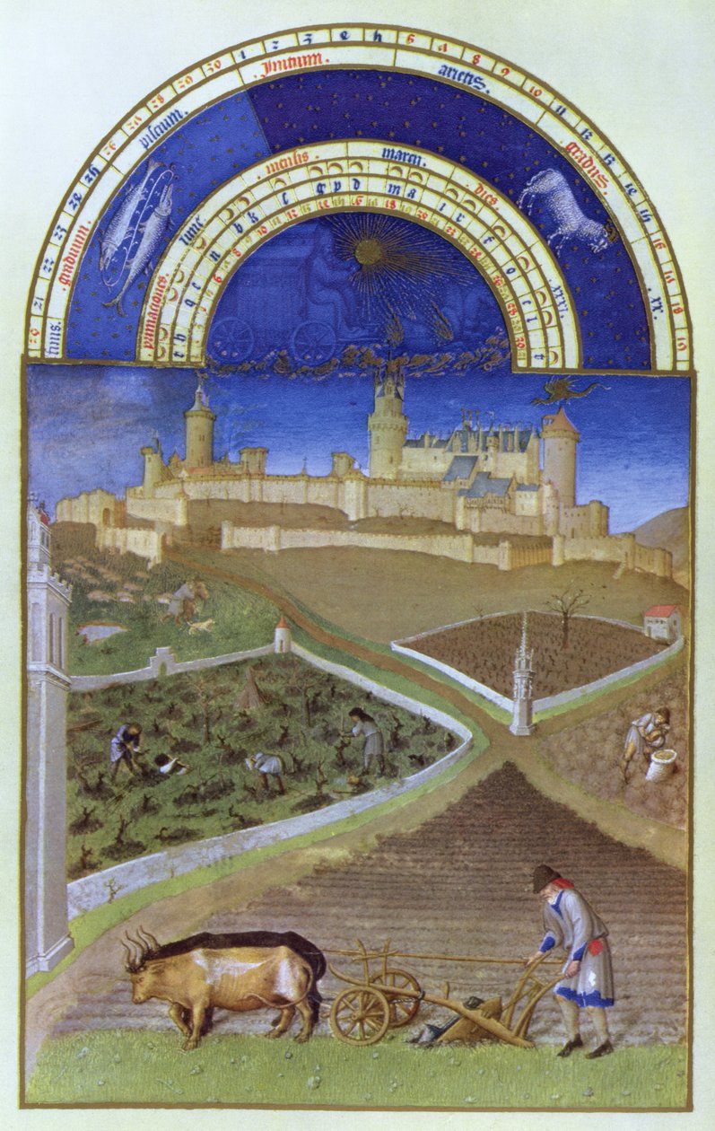 Faksimile af marts: Bønder på arbejde på et feudalt gods, fra "Tres Riches Heures du Duc de Berry" (for original se 8435) af Limbourg Brothers