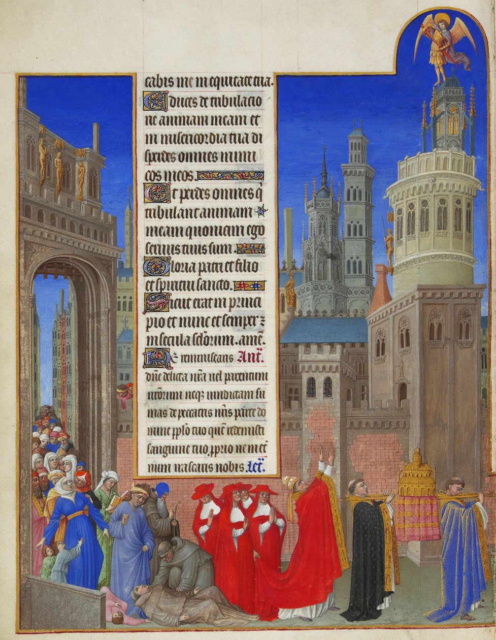 Très Riches Heures du Duc de Berry: Processionen af ​​Saint Gregory, første del af Limbourg Brothers