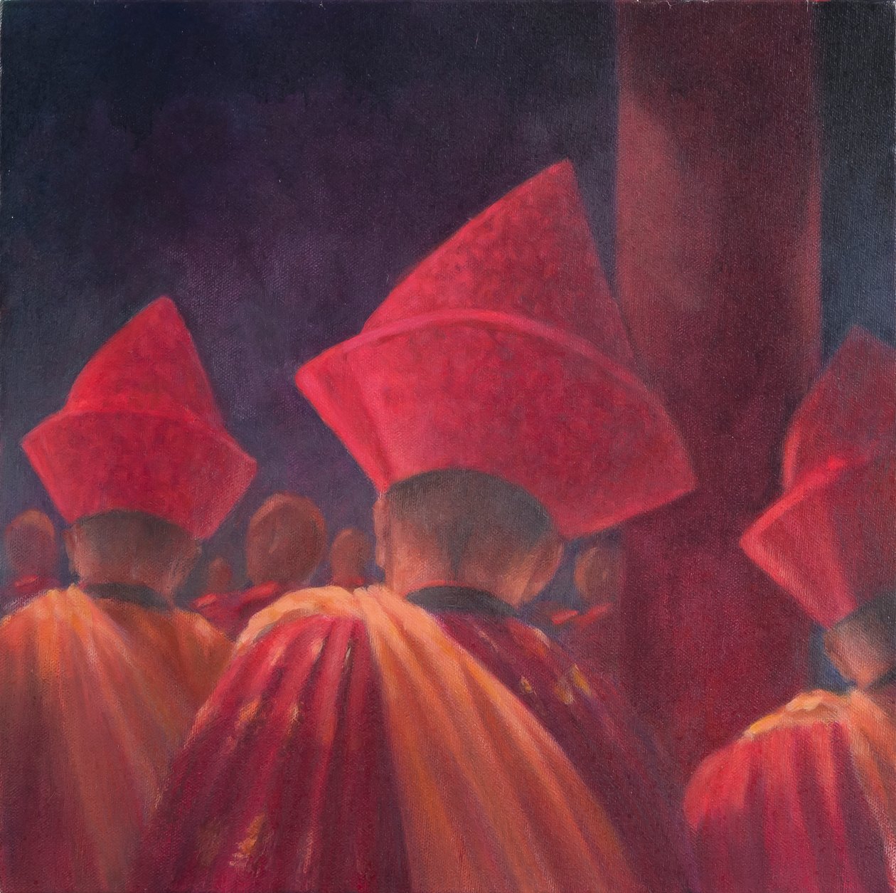 Buddhist Monks, Bhutan, 2012 (akryl på lærred) af Lincoln Seligman
