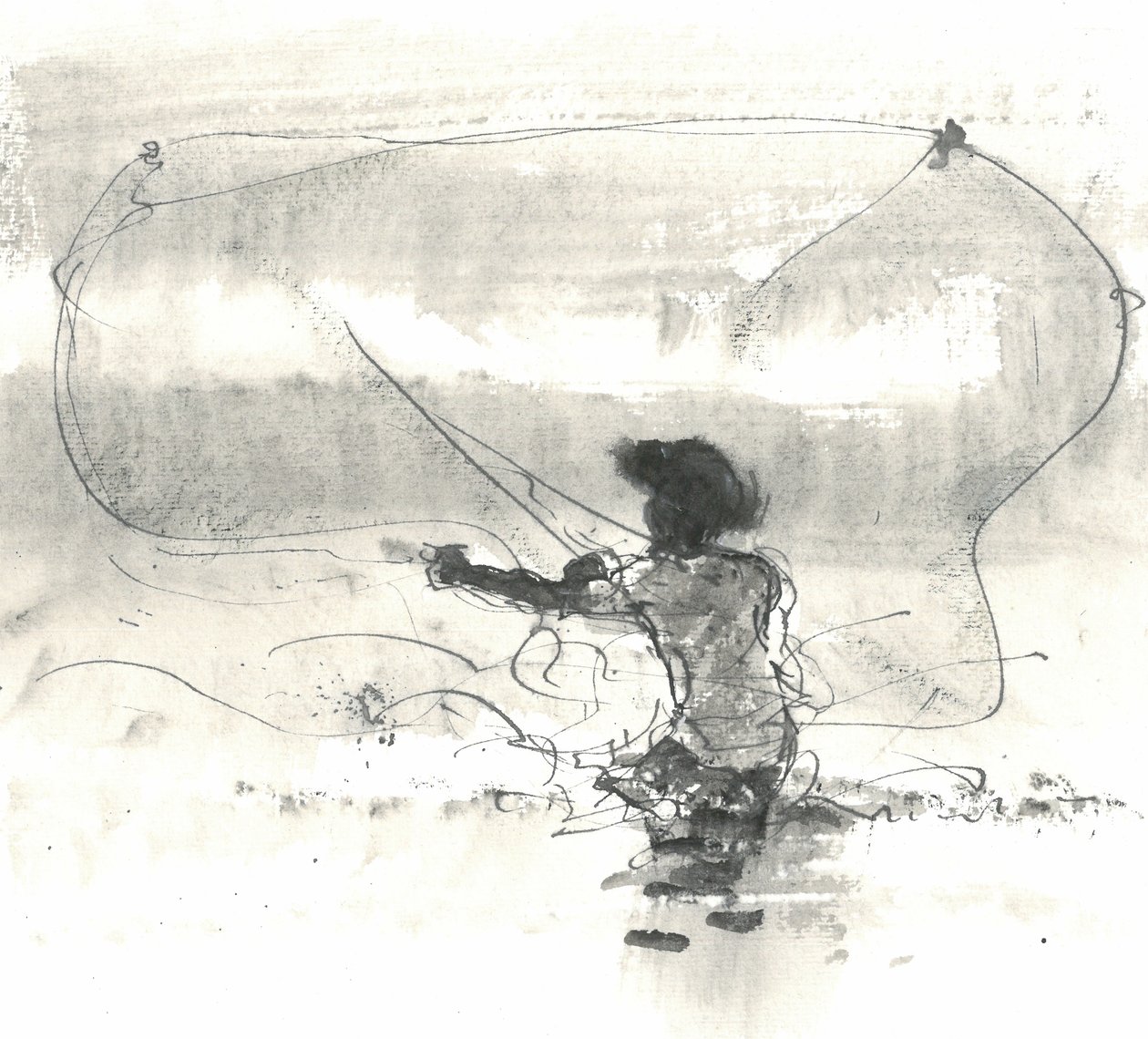 Fisherman, Sri Lanka, 2015 (pen og blæk med vask på papir) af Lincoln Seligman
