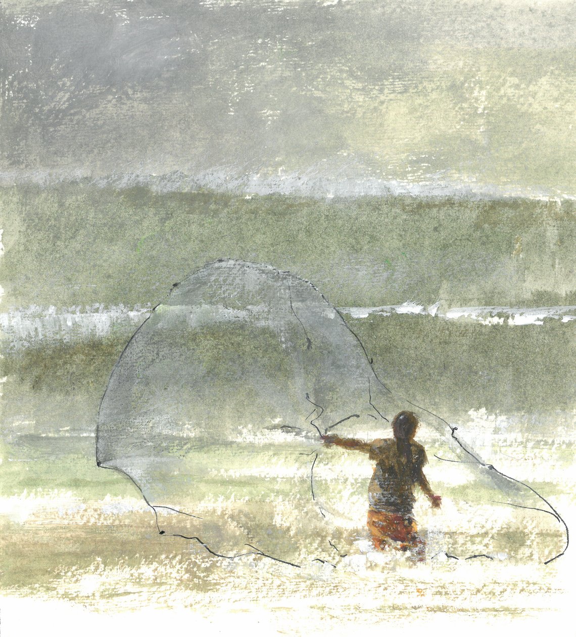 Lone Fisherman 4, 2015 (pen og blæk med wc på papir) af Lincoln Seligman