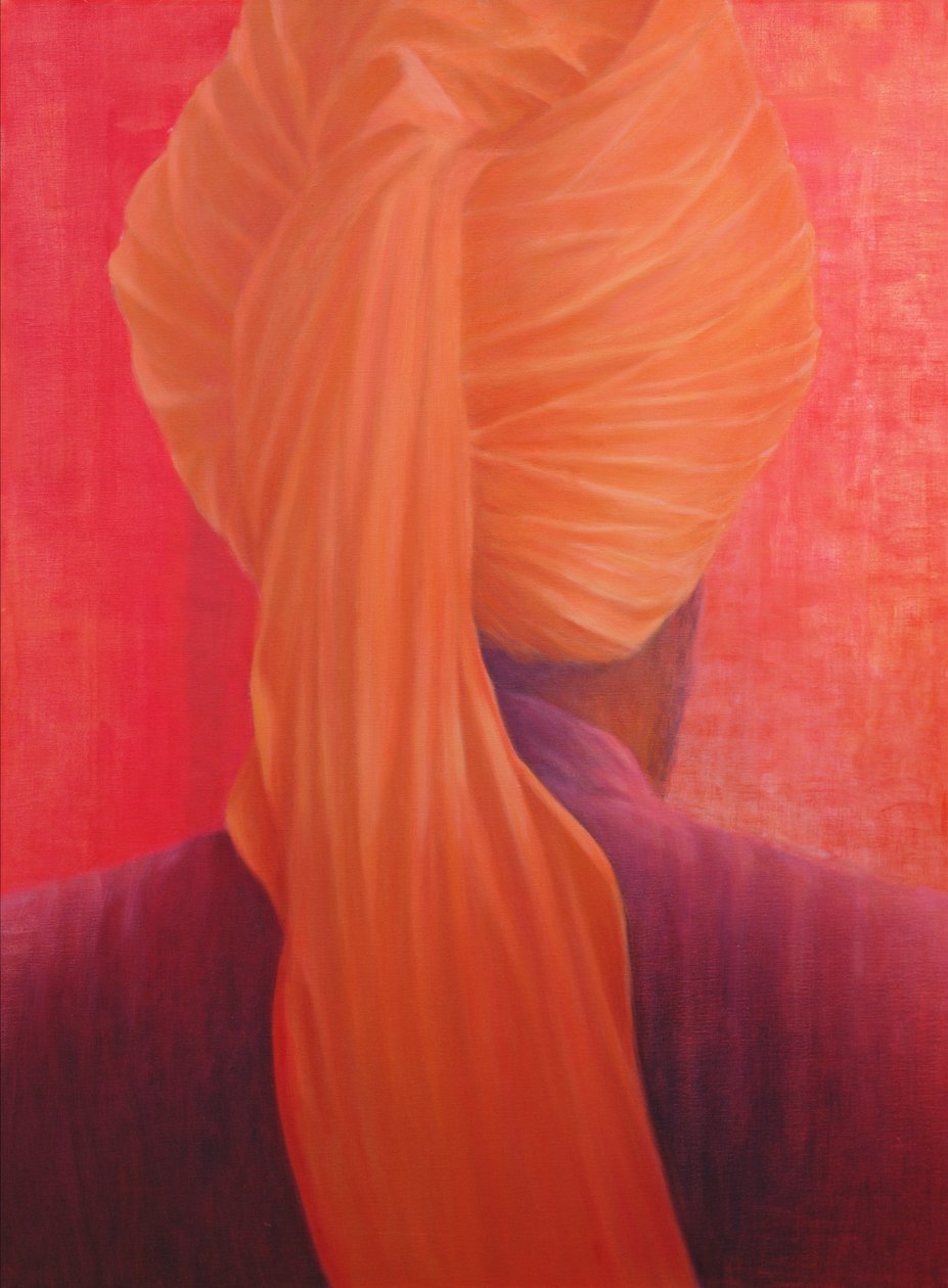 Orange turban på rød af Lincoln Seligman