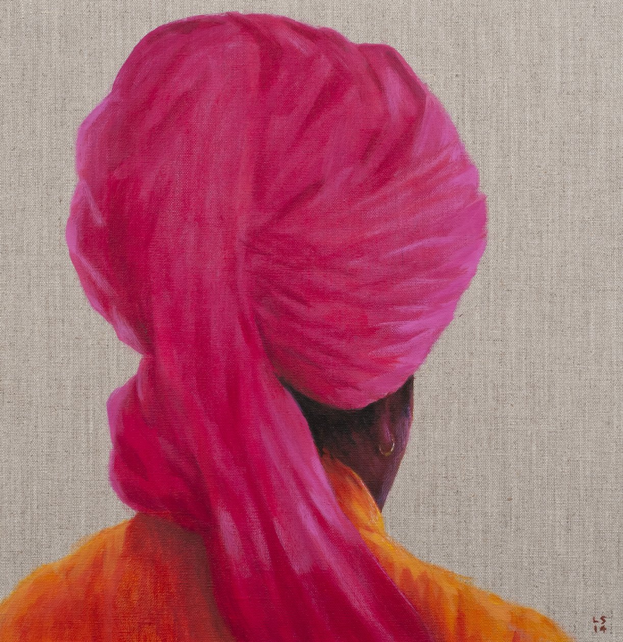 Pink turban, orange jakke, 2014 af Lincoln Seligman
