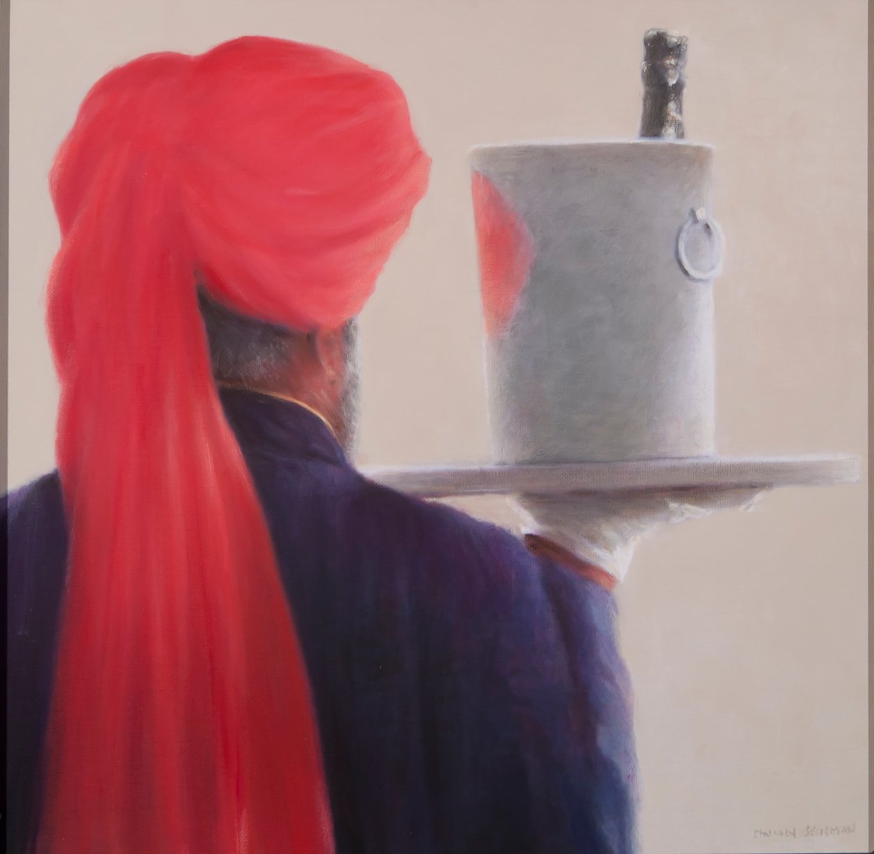 Wine Waiter, Jaipur, 2012 (akryl på lærred) af Lincoln Seligman