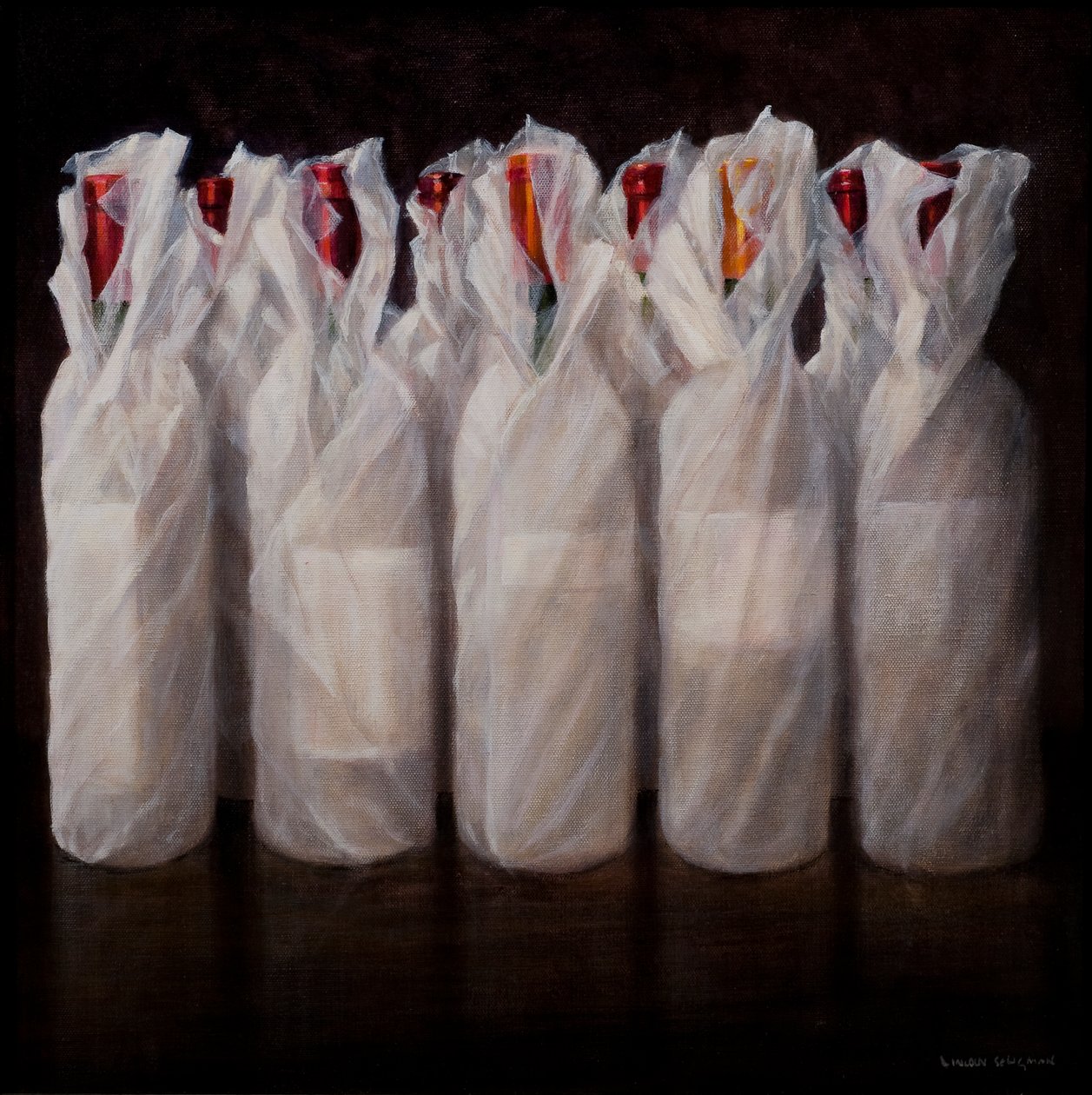Indpakkede vinflasker, 2010 (akryl på lærred) af Lincoln Seligman