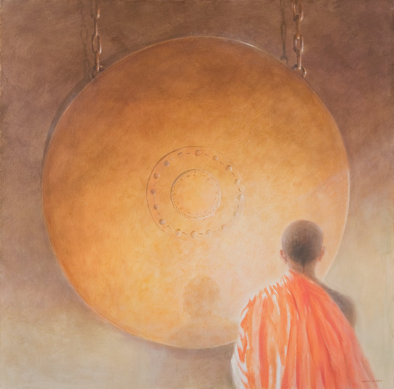 Young Buddhist Monk and Gong, Bhutan, 2010 (akryl på lærred) af Lincoln Seligman