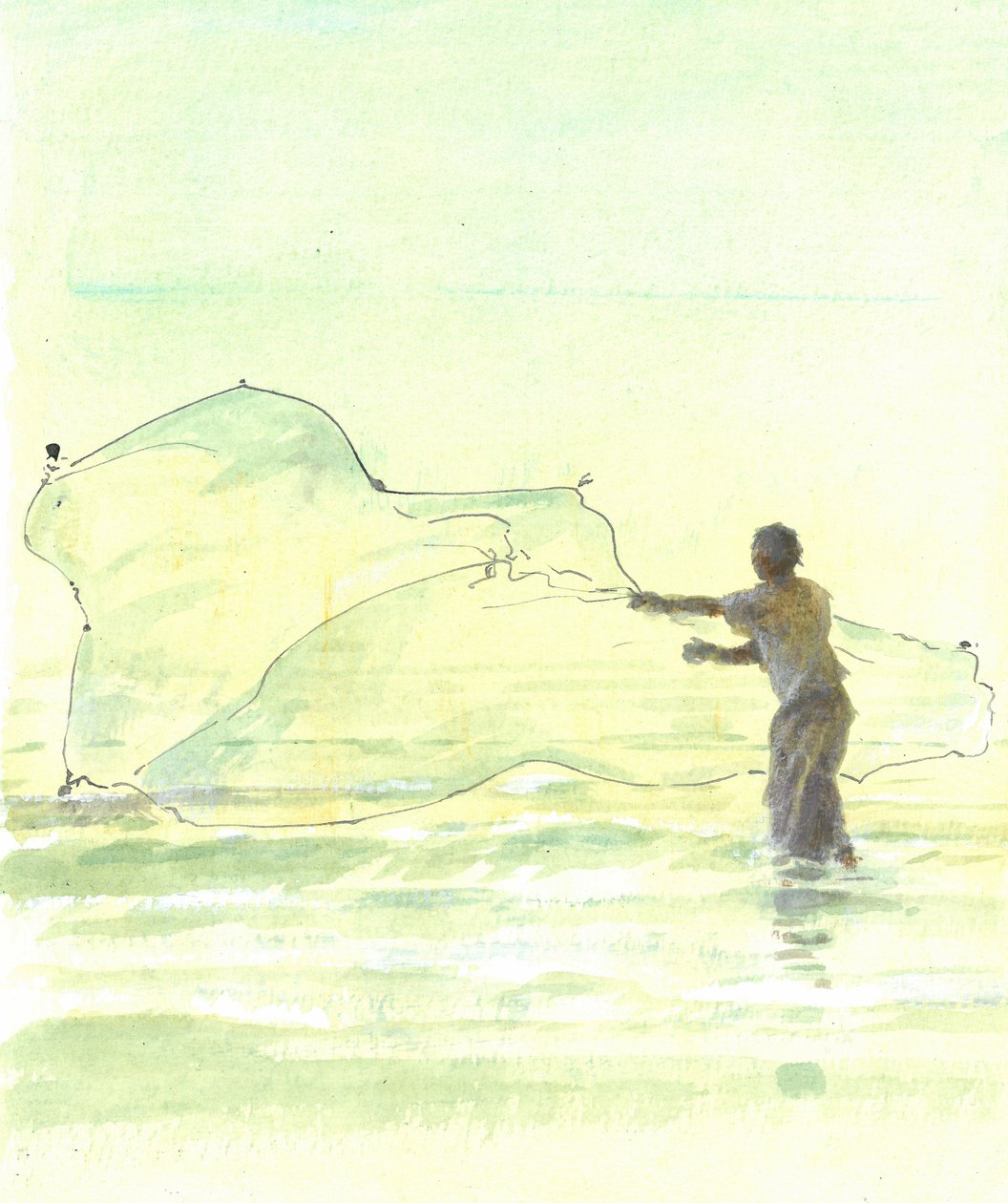 Lone Fisherman 2, 2015 (pen og blæk med wc på papir) af Lincoln Seligman