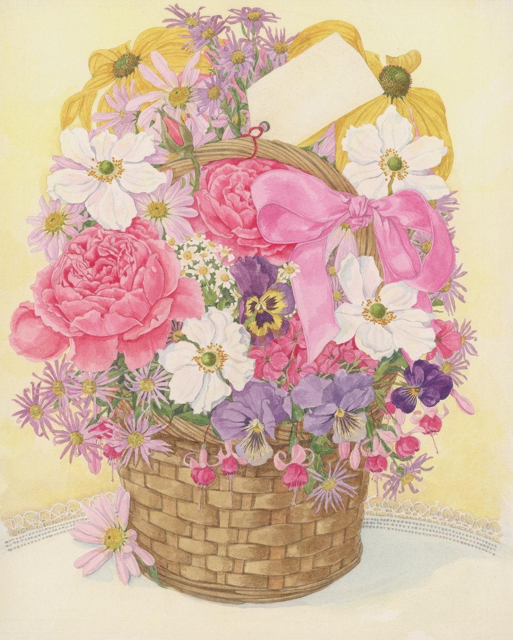 Kurv med blomster, 1995 (wc på papir) af Linda Benton