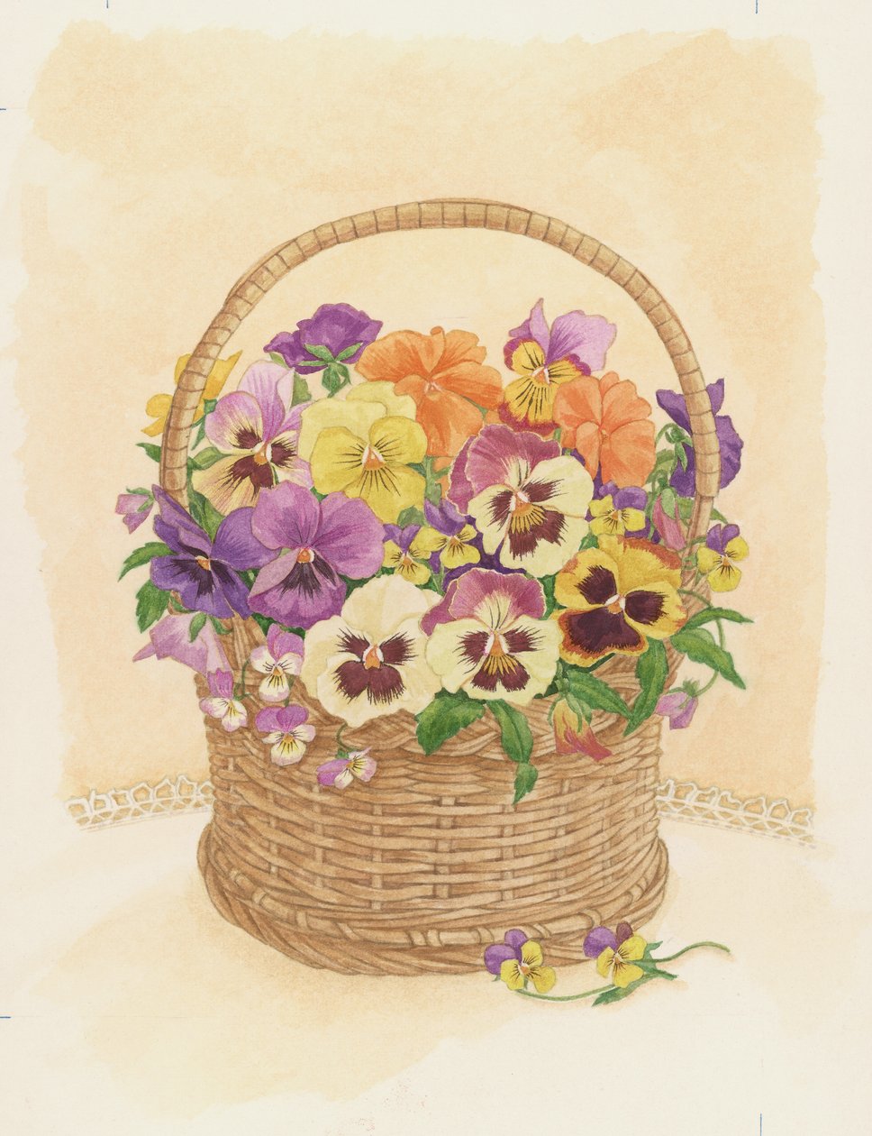 Basket of Pansies, 1998 (wc på papir) af Linda Benton