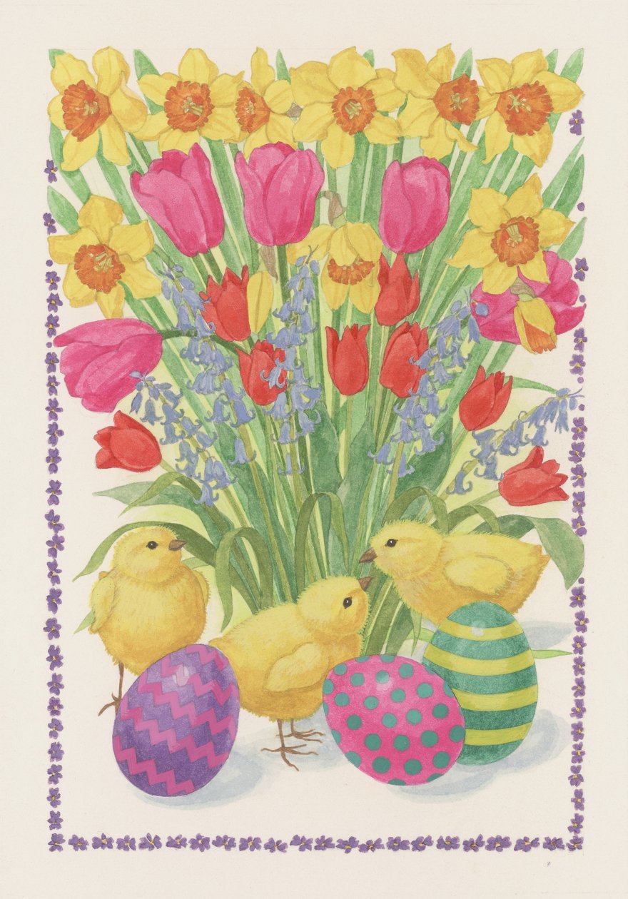 Kyllinger, æg og blomster, 1995 (wc på papir) af Linda Benton