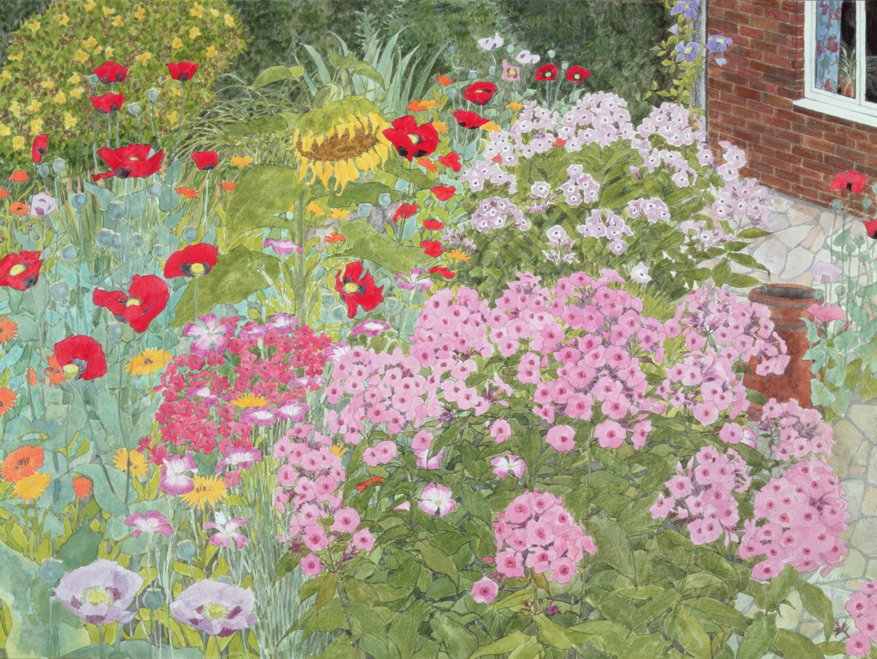 Blomsterkant med solsikke (wc på papir) af Linda Benton
