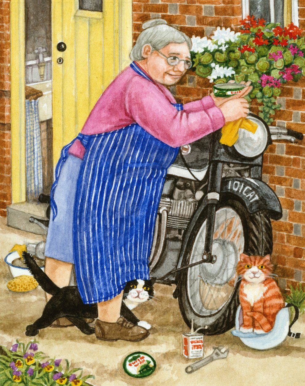 Bedstemor og 2 katte og motorcykel (wc på papir) af Linda Benton