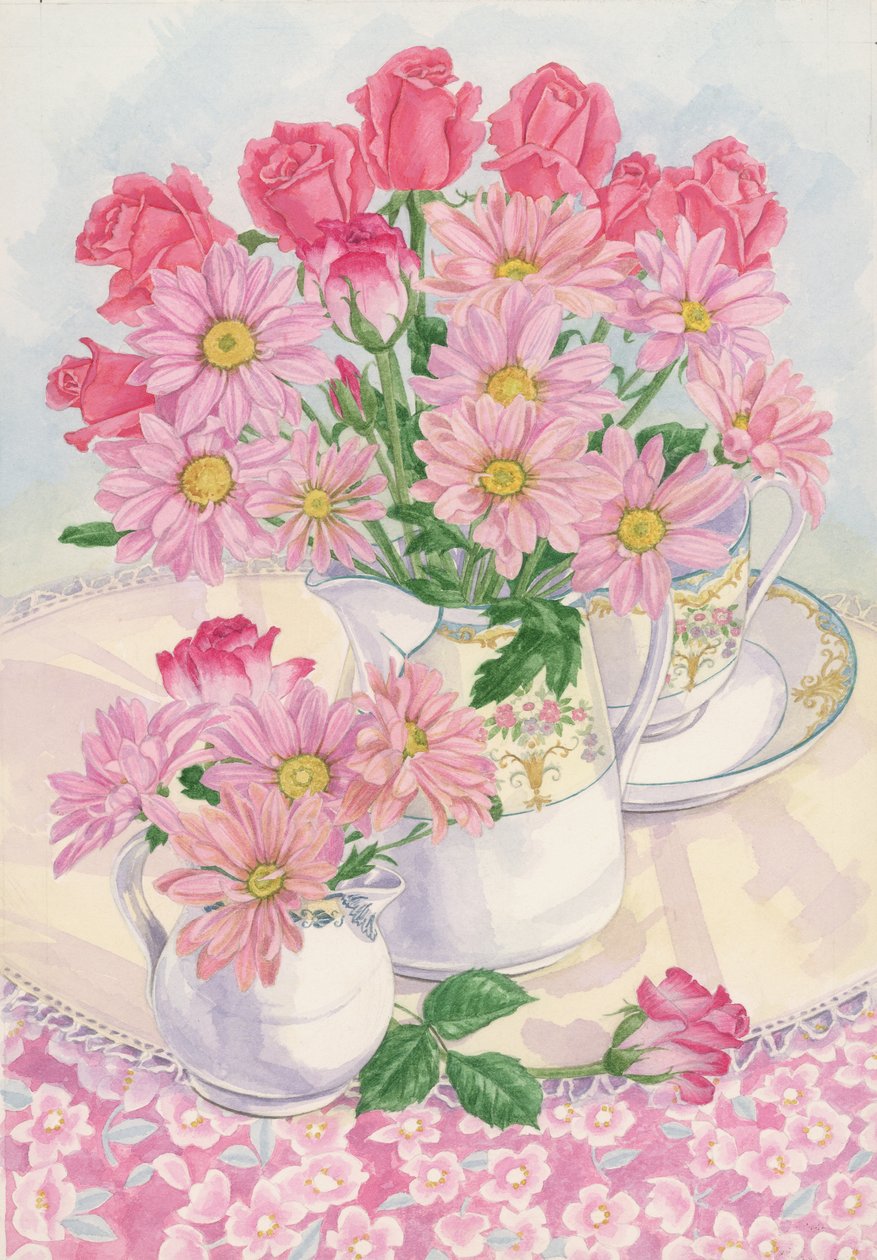 Roses and Chrysanthemums, 1996 (wc på papir) af Linda Benton