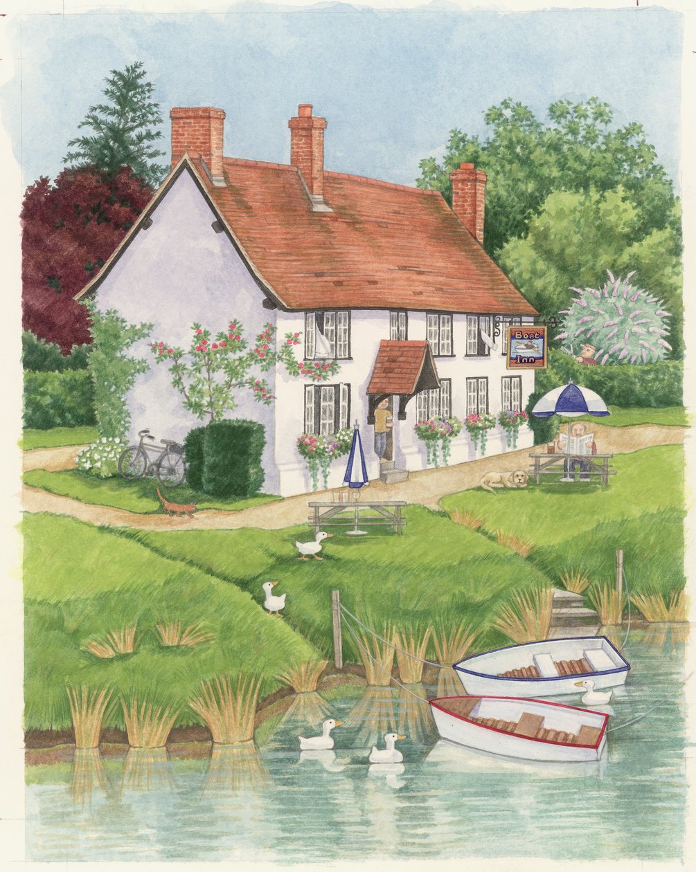 The Boat Inn, 2003 (wc på papir) af Linda Benton