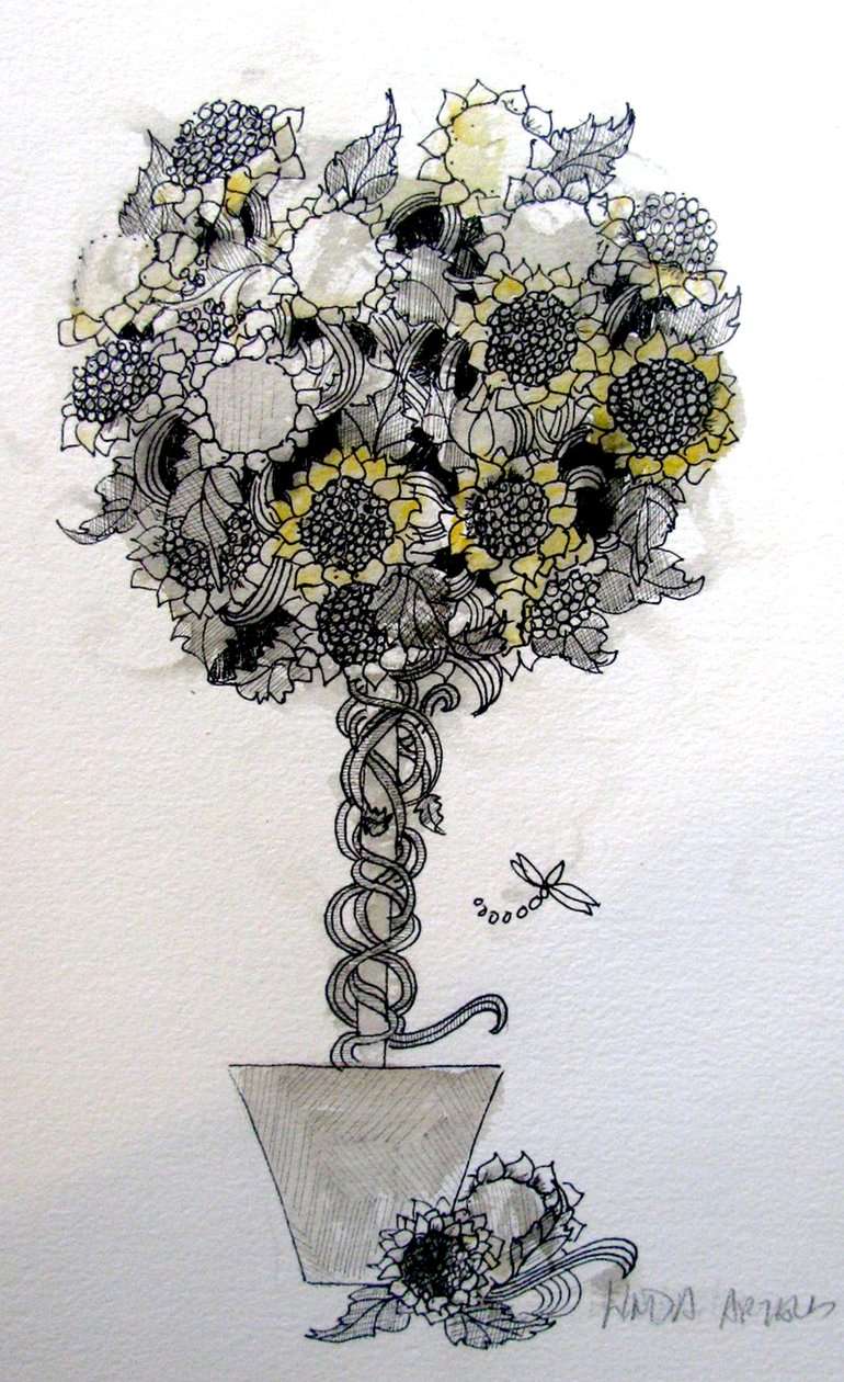 Solsikkearrangement, 2015 (pen og blæk) af linda arthurs