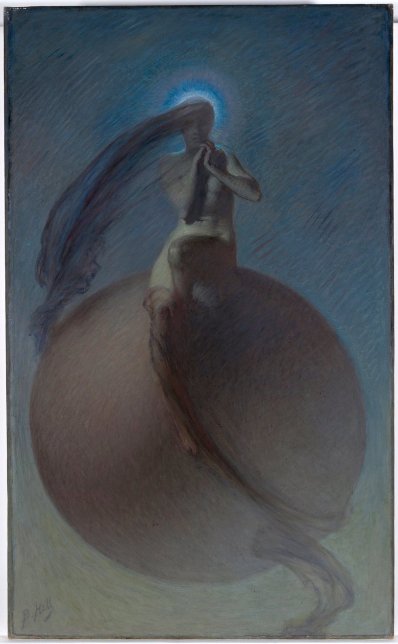 ""La quete"" (The Quest) Drømmelignende repræsentation, kvindelig silhuet placeret på en globus - Maleri af Lindsay Bernard Hall (1859-1935) ca. 1905 - Olie på lærred Dim 154x94,5 cm National Gallery of Australia, Canberra af Lindsay Bernard Hall