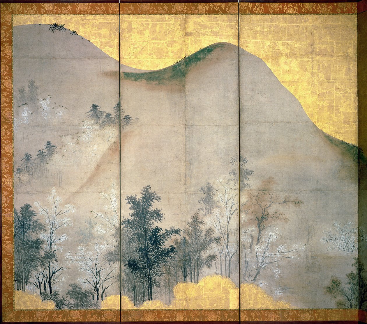 Spring Landscape (pen og blæk, farve, guldpapir på panel) (se 216557) af Linkoku