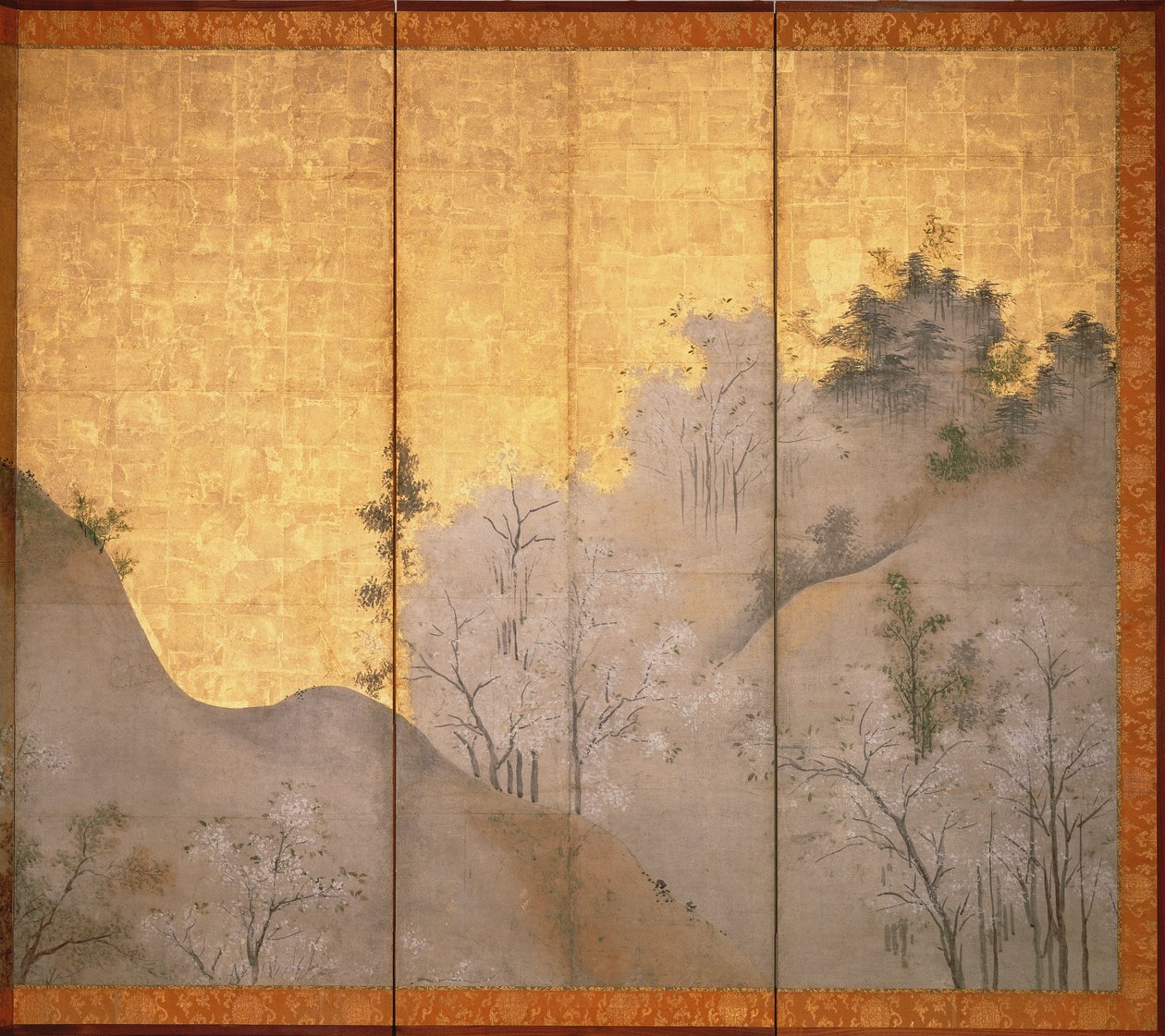 Spring Landscape (pen og blæk, farve, guldpapir på panel) (se 216558) af Linkoku