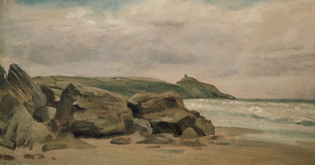 Udsigt mod Rame Head, Cornwall, 1800-tallet (olie på mølleplade) af Lionel Constable