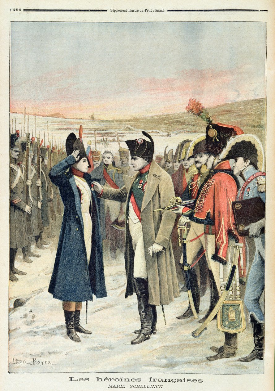 Napoleon Bonaparte (1769-1821) overrækker den kvindelige officer Marie Schellinck en medalje på slagmarken, illustration fra 