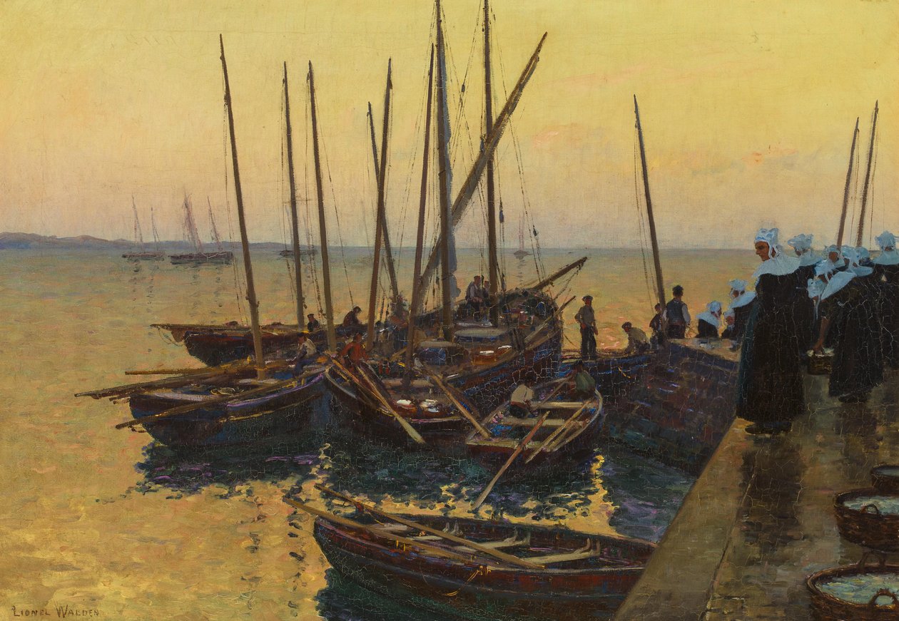 Fiskerbåde langs molen af Lionel Walden