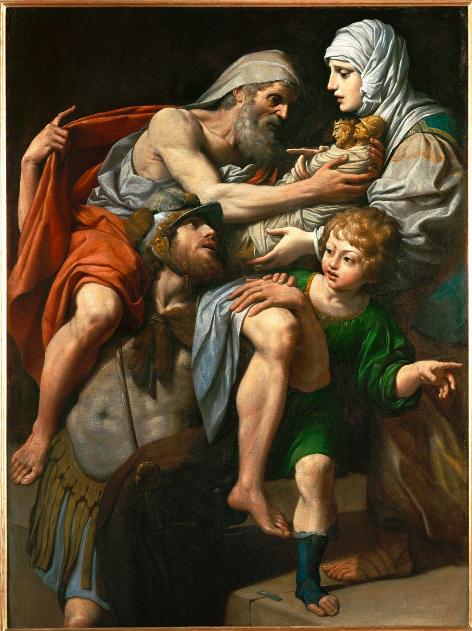 Enee et Anchise - Aeneas og Anchises. Aeneas bærer sin far Anchises ud af det brændende Troja ... af Lionello Spada