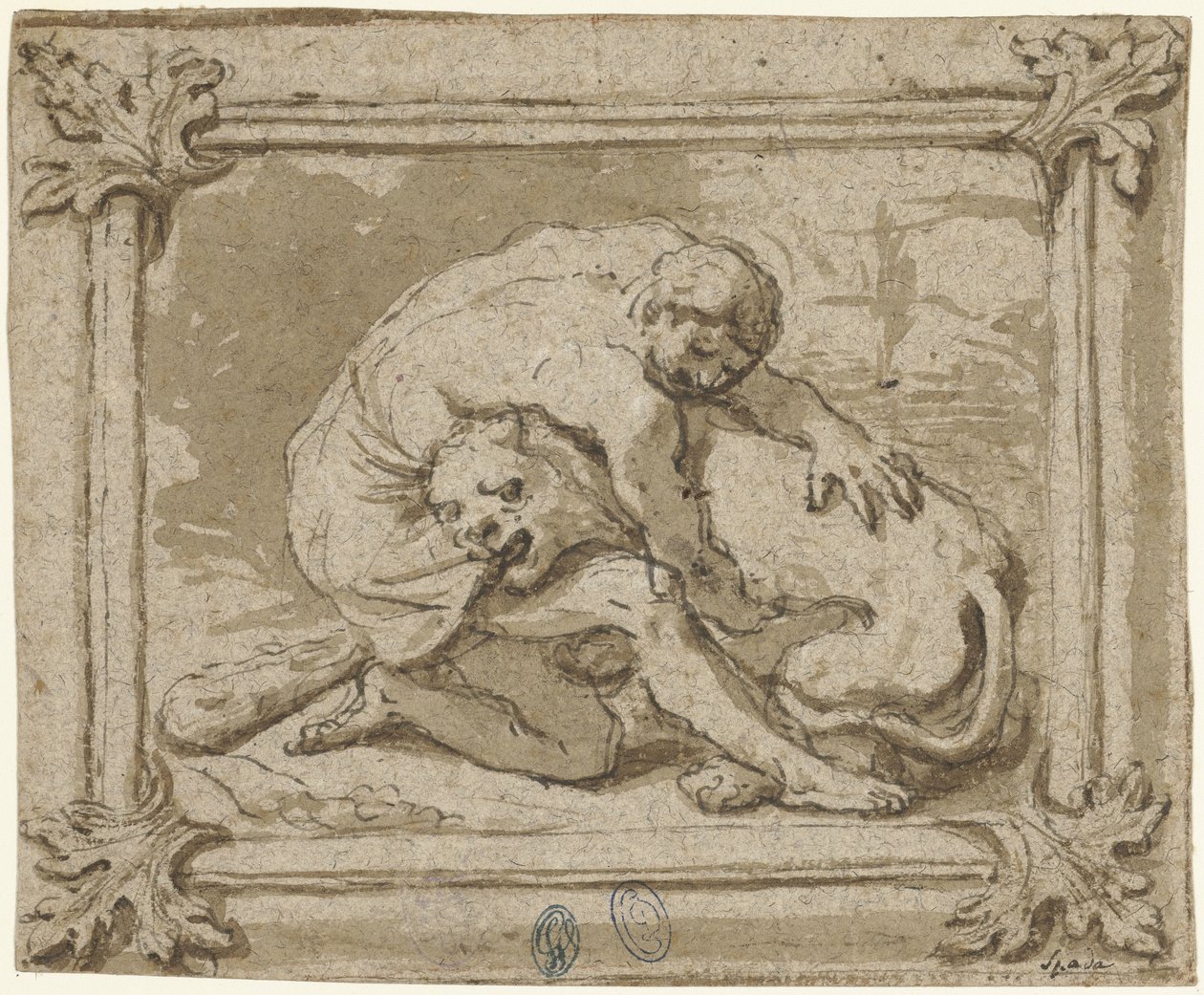 Hercules kæmper mod Nemean-løven af Lionello Spada