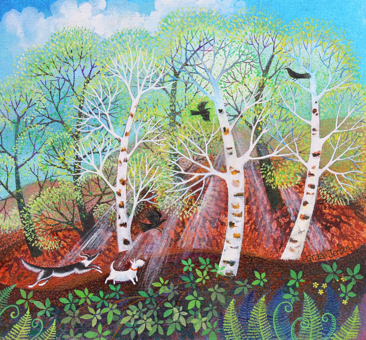 Chasing Crows on the Common, 2021 (akryl på lærred) af Lisa Graa Jensen