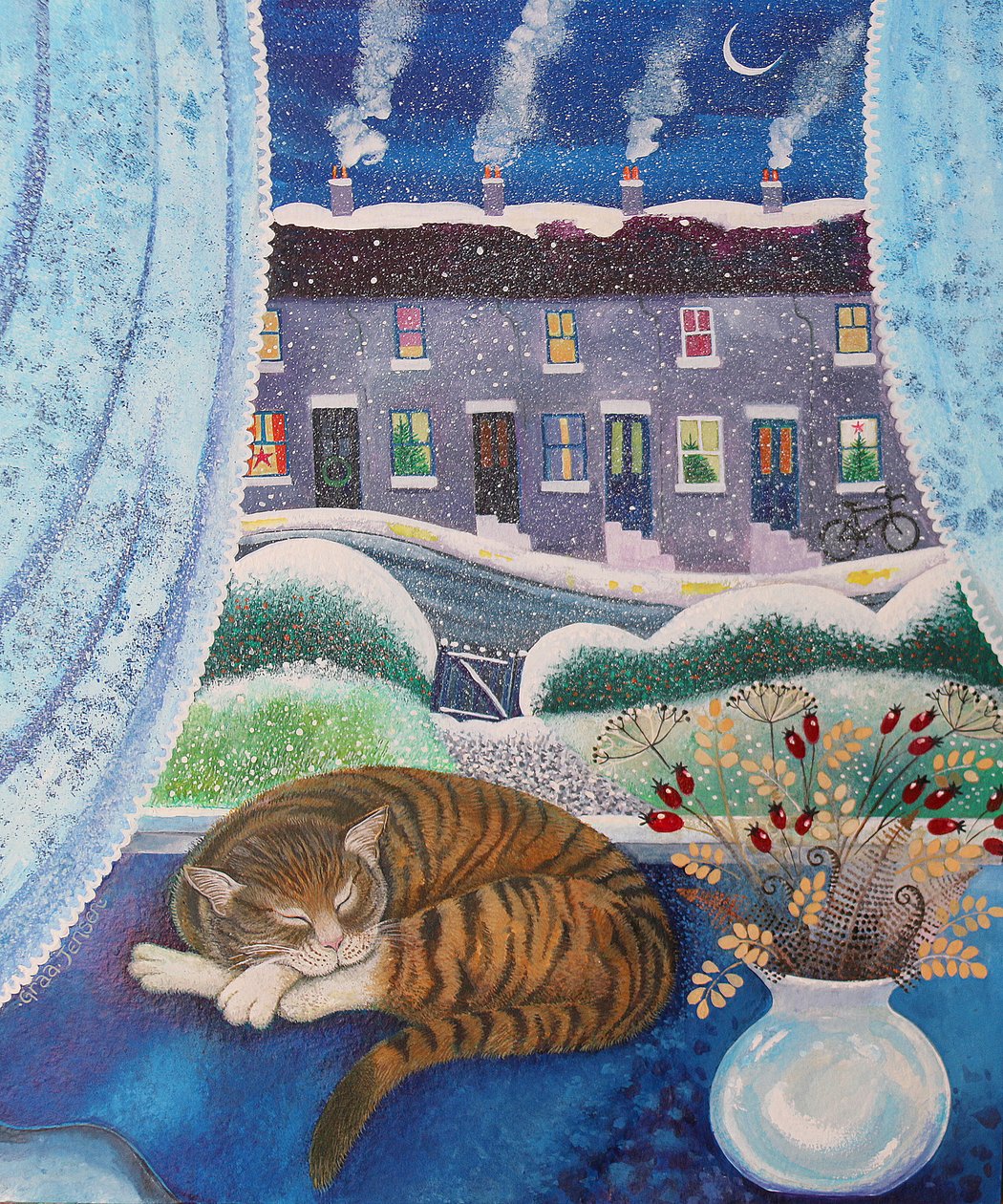 Cosy Cat, 2016, (akrylfarver på papir) af Lisa Graa Jensen