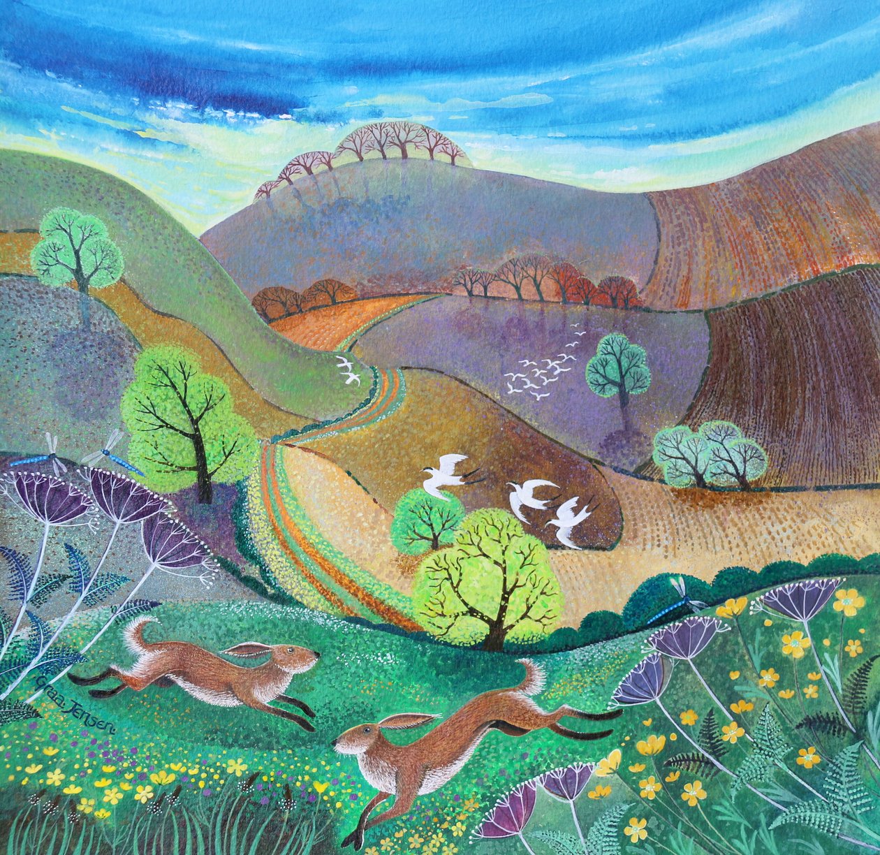 Downland Hares, 2017, (akryl på papir) af Lisa Graa Jensen