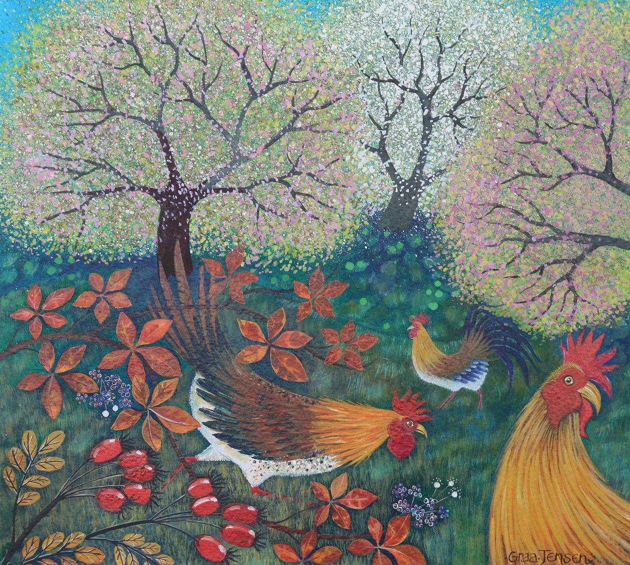 Easter Hens, 2024 (akryl på papir) af Lisa Graa Jensen