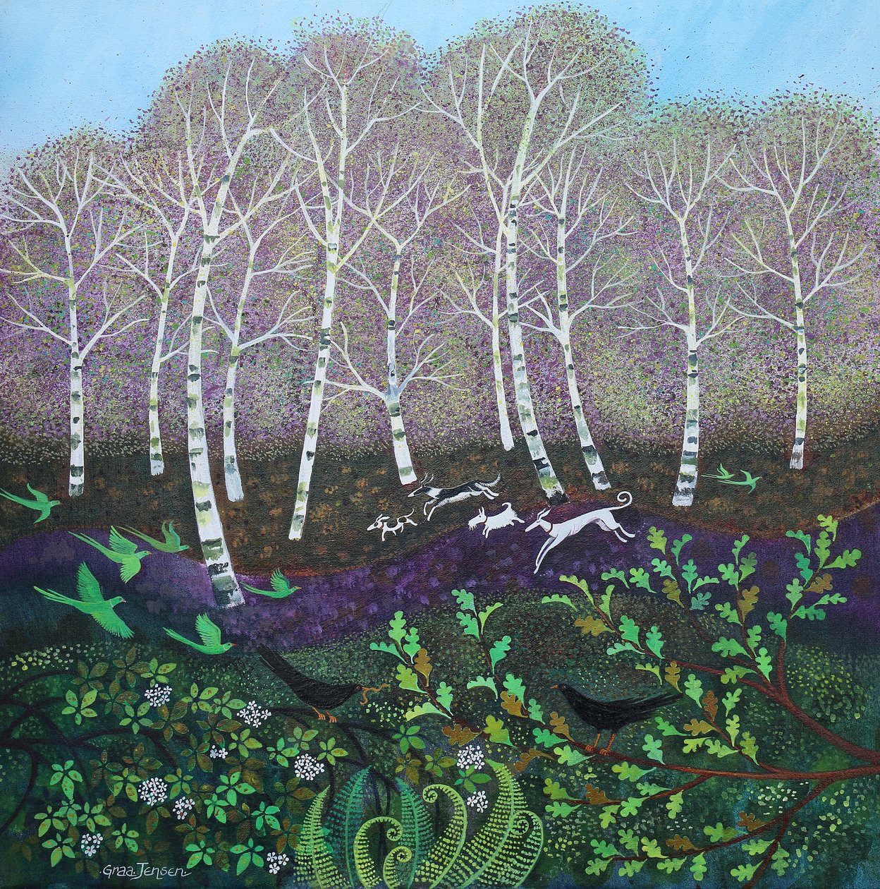 Green Parrots, 2024 (akryl på lærred) af Lisa Graa Jensen