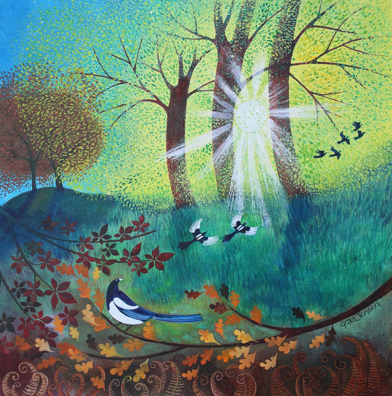 Magpies, 2023 (akryl på lærred) af Lisa Graa Jensen