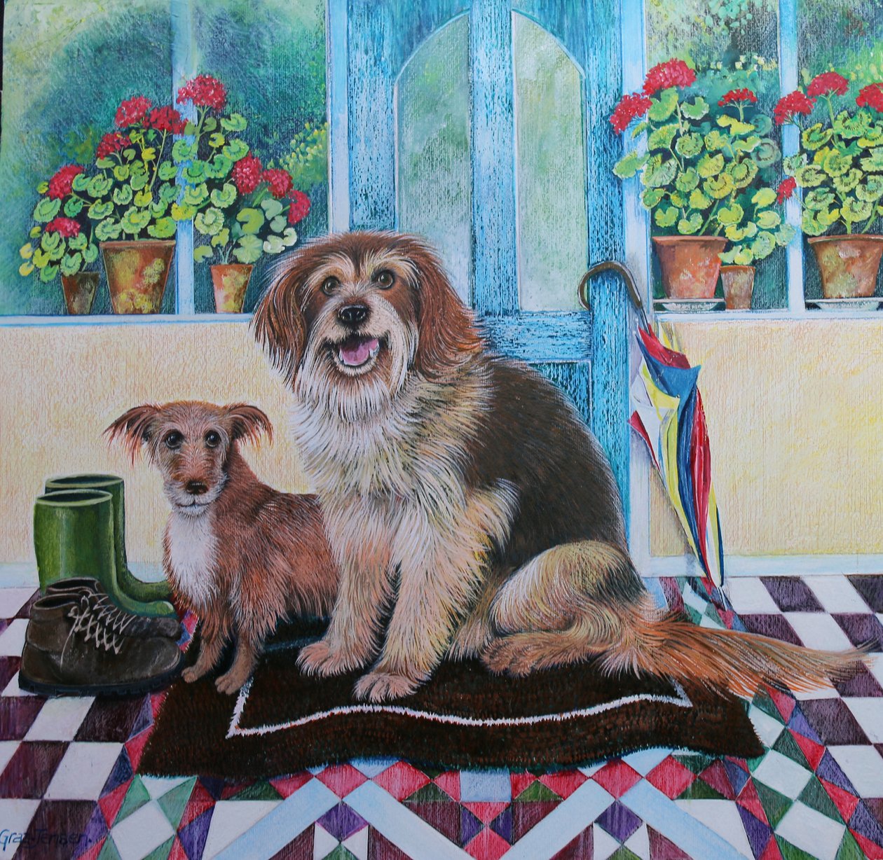 Time for Walkies, 2021, (akryl på papir) af Lisa Graa Jensen