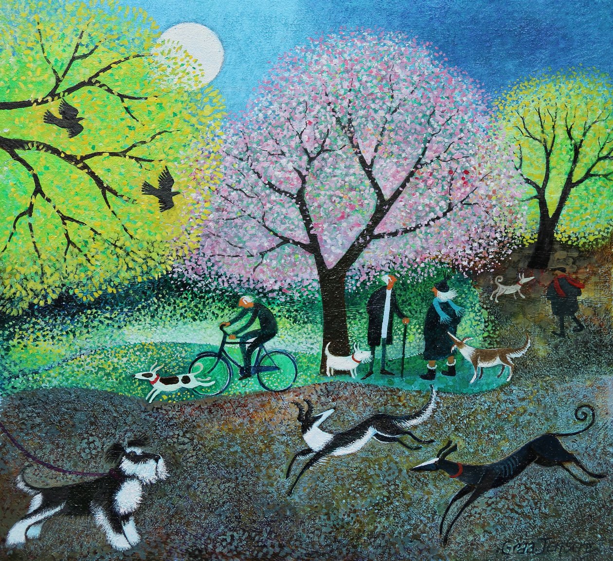 Wellie Road Dog Walkers, 2021 (akryl på linned) af Lisa Graa Jensen