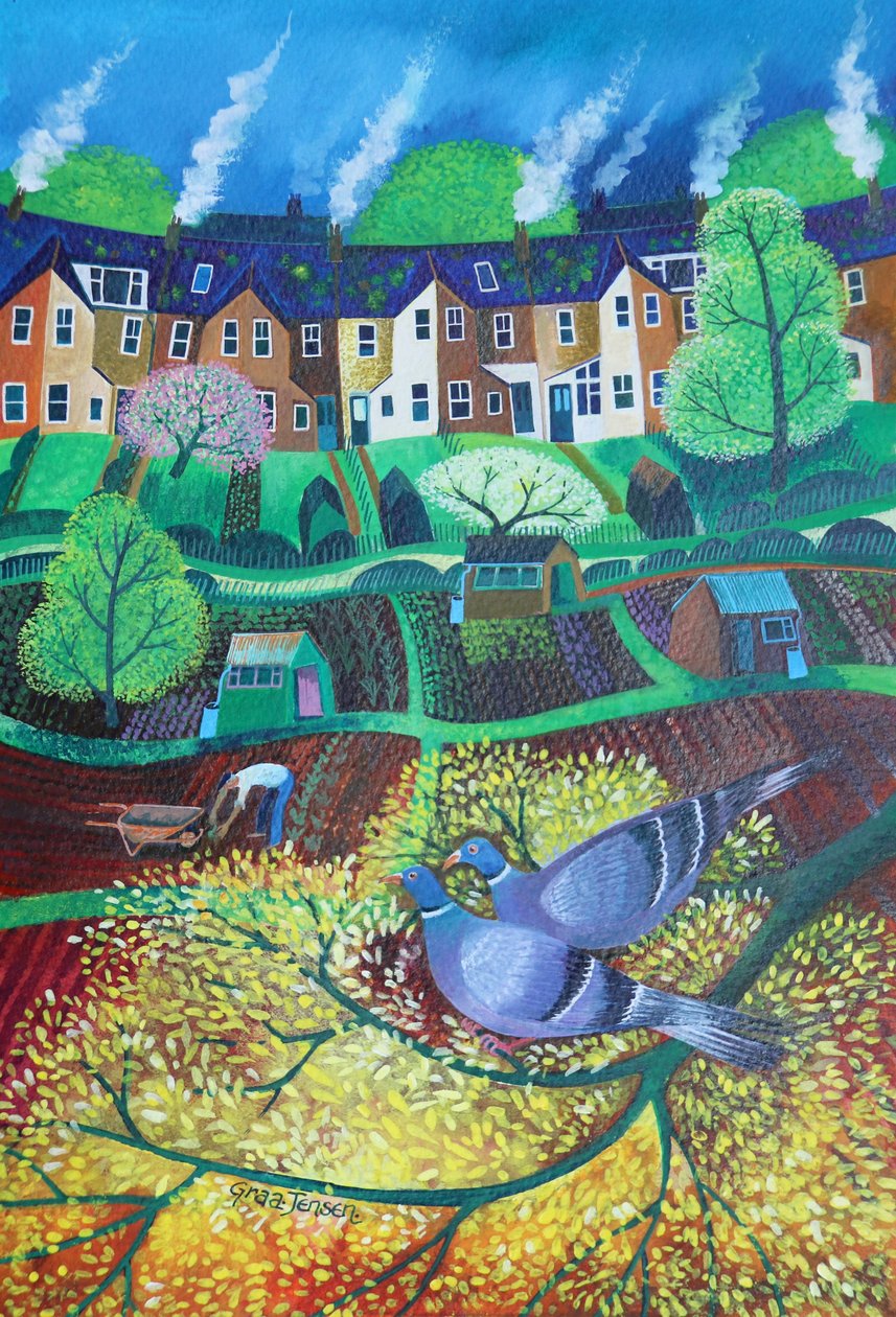 Wimbledon Park Doves,2017,(akrylfarver på papir) af Lisa Graa Jensen