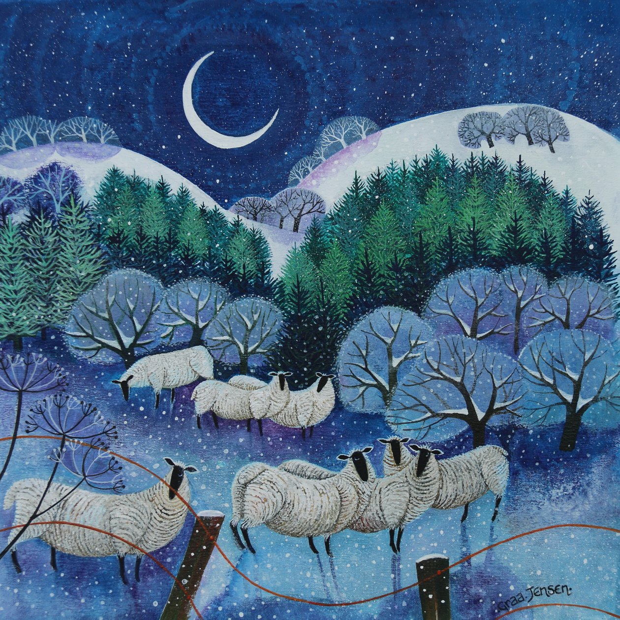 Winter Downland Sheep, 2024 (akryl på lærred) af Lisa Graa Jensen